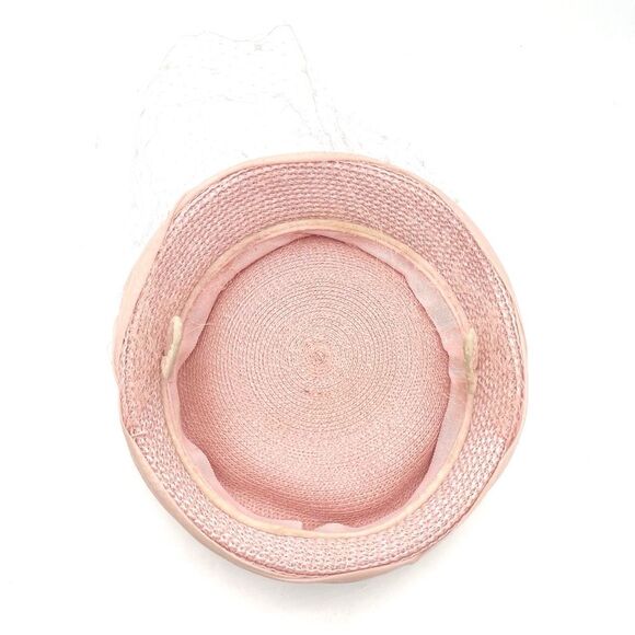 Vintage 1950s Pillbox Hat Veiled Chiffon Straw Hat Pastel Pink Easter Wedding - Picture 10 of 11